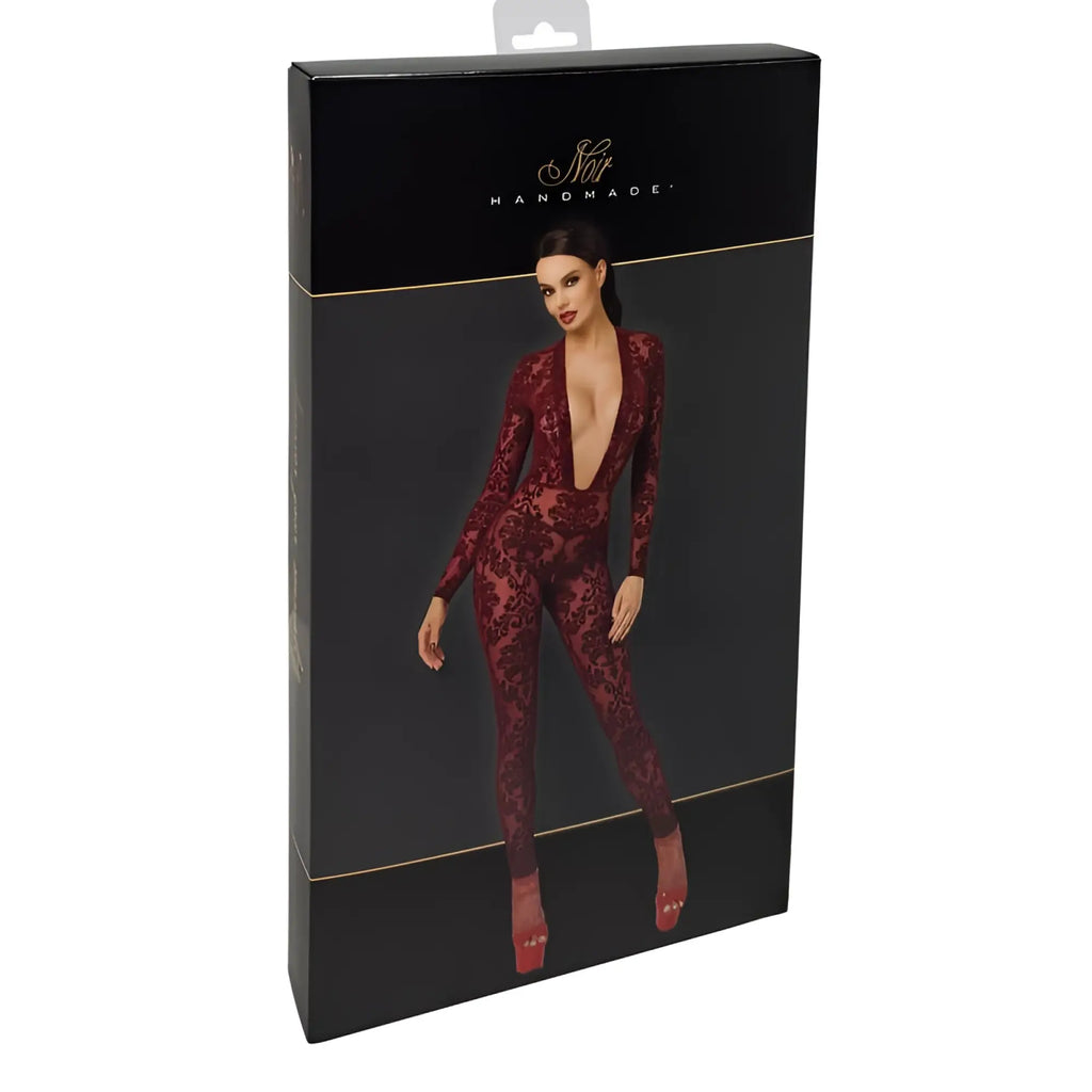 Noir kink royal v neck catsuit red medium maroon lace bodysuit with intricate floral patterns on black packaging box