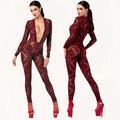 Noir kink royal v neck catsuit red small is a form-fitting long-sleeved burgundy lace bodysuit with intricate floral pattern