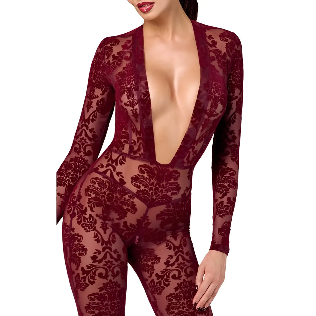 Noir kink royal v neck catsuit red small maroon lace bodysuit with deep v-neckline long sleeves and floral pattern