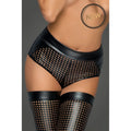 Black mesh briefs with shiny faux leather waistband and matching thigh-high stockings from noir ladies lasercut short l