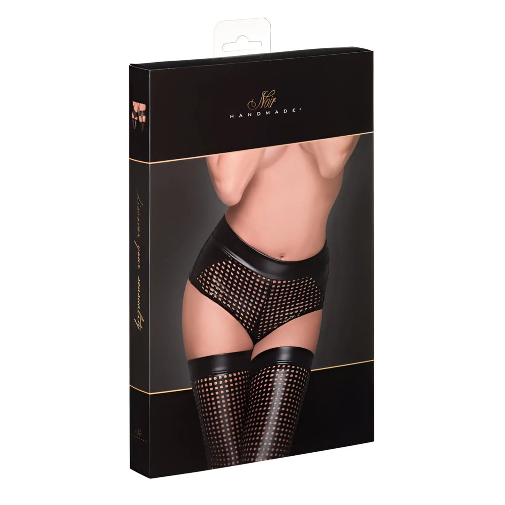 Noir ladies lasercut short l black mesh thigh-high stockings with glossy leather-like waistband and gold dot pattern