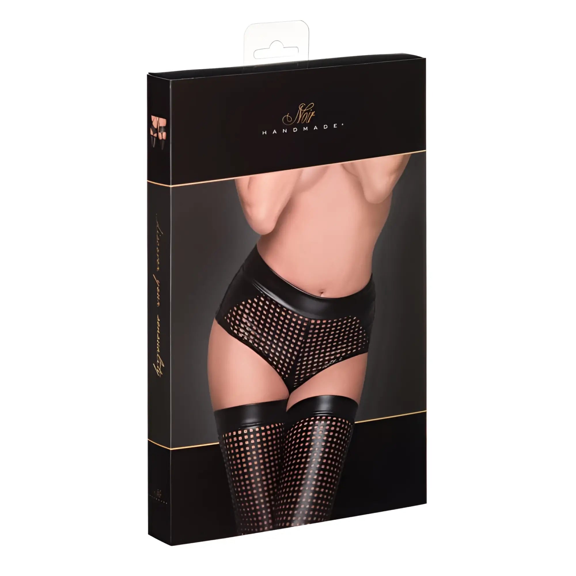 Noir ladies lasercut short l black mesh thigh-high stockings with glossy leather-like waistband and gold dot pattern
