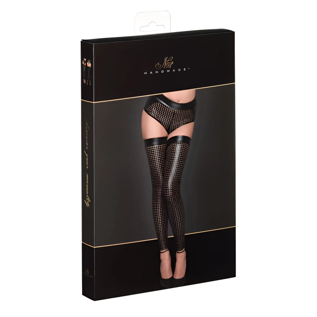 Noir ladies lasercut stockings l black mesh thigh-high stockings with dotted pattern and elastic bands at the top