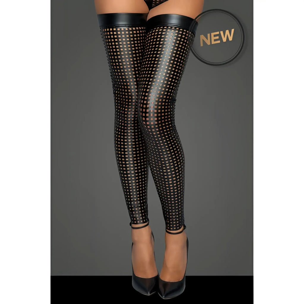 Black perforated thigh-high stockings with glossy finish and elasticized cuffs from noir ladies lasercut stockings l