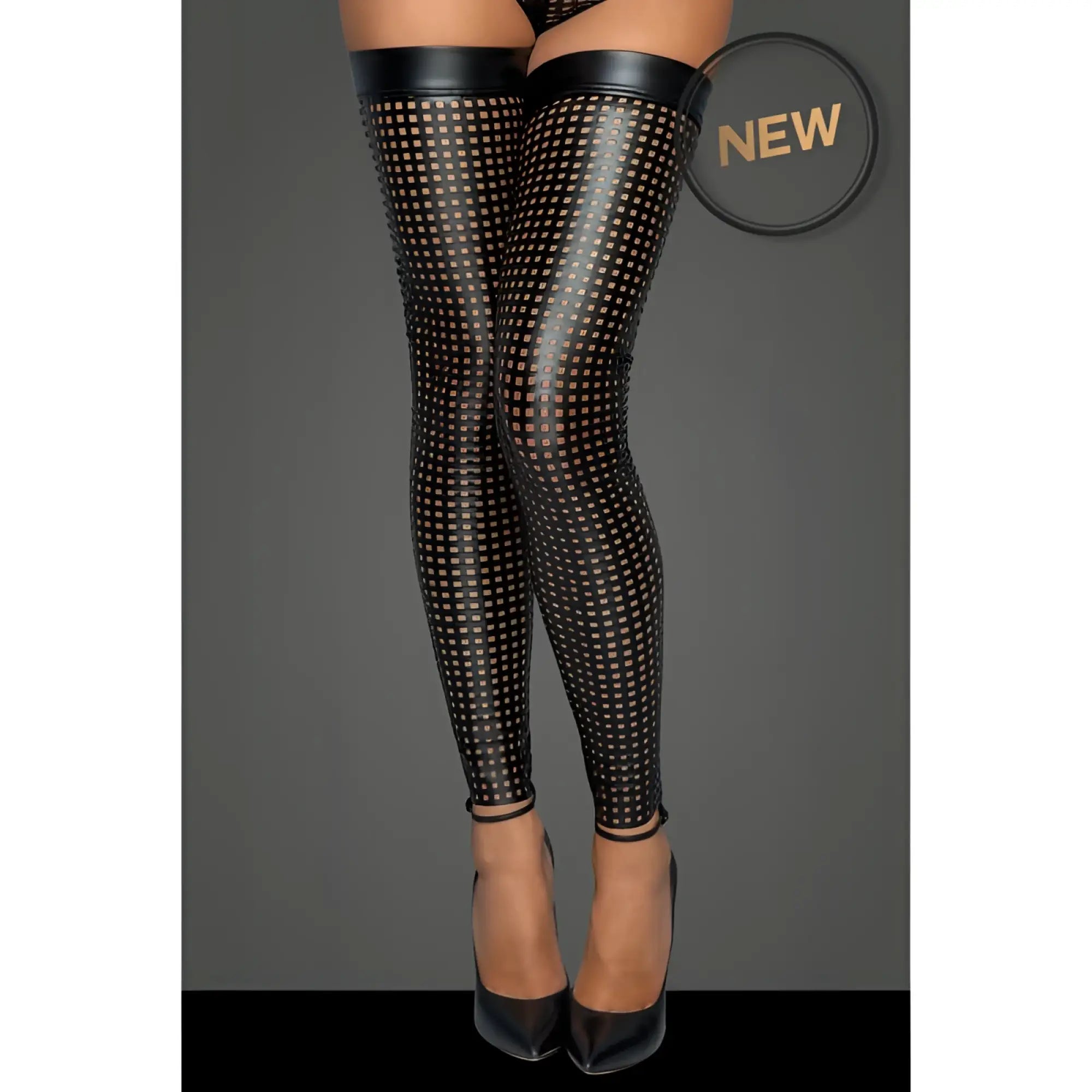 Black perforated thigh-high stockings with glossy finish and elasticized cuffs from noir ladies lasercut stockings l