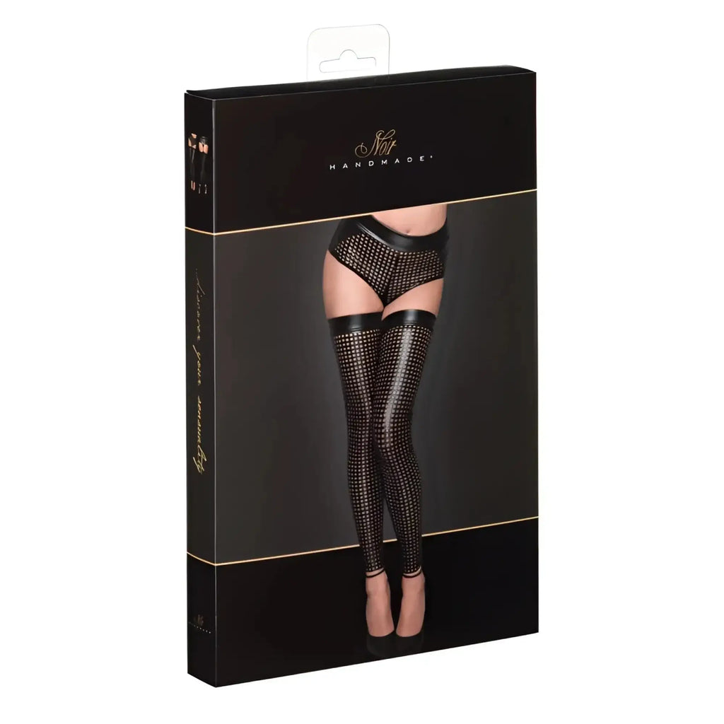 Noir ladies lasercut stockings l black mesh thigh-high stockings with dotted pattern and elastic bands at the top