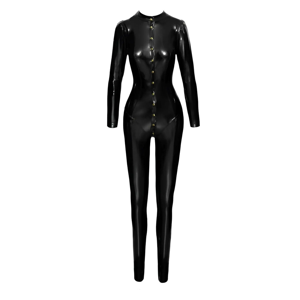 Black glossy latex catsuit with long sleeves and front button closure from noir long button up pvc overall l collection
