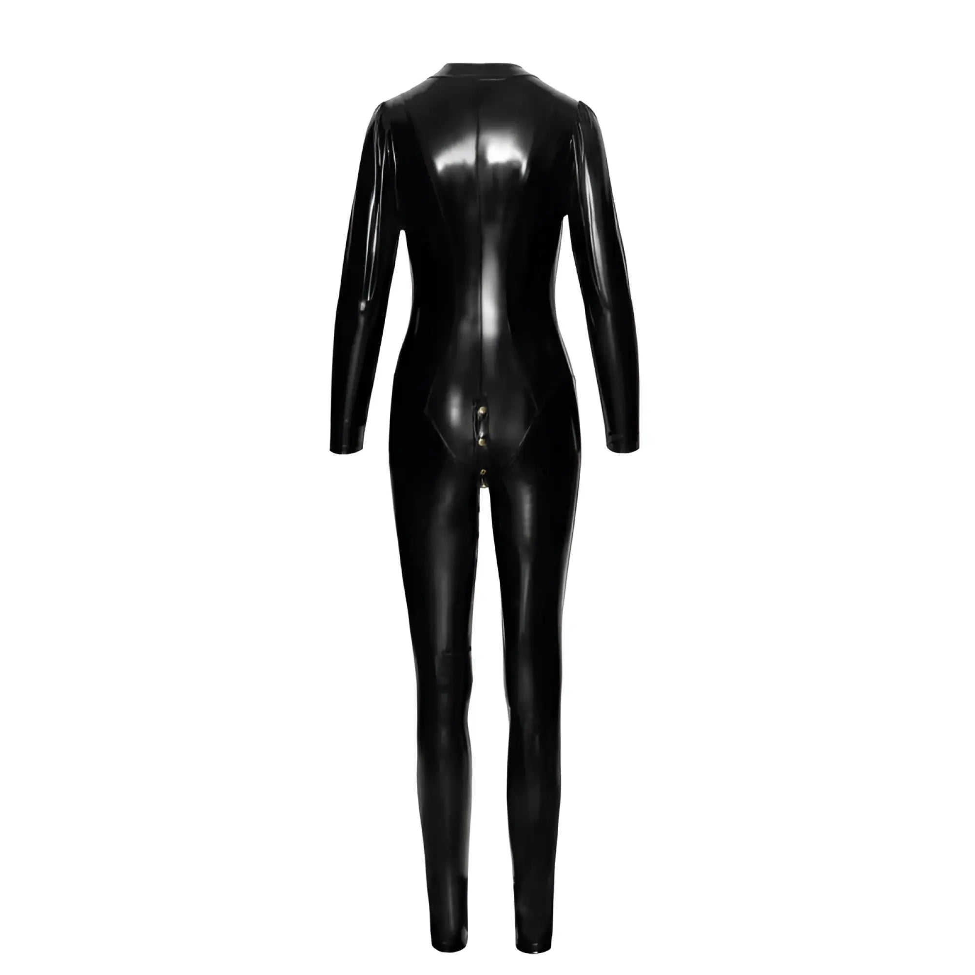 Black glossy latex catsuit with full-length back zipper noir long button up pvc overall l back view