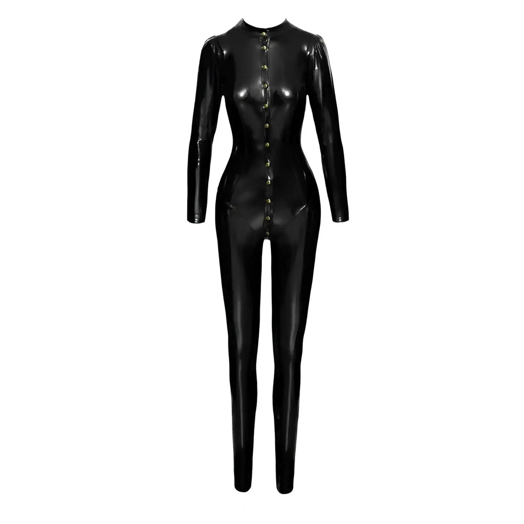 Black glossy latex catsuit with long sleeves and front button closure from noir long button up pvc overall l collection