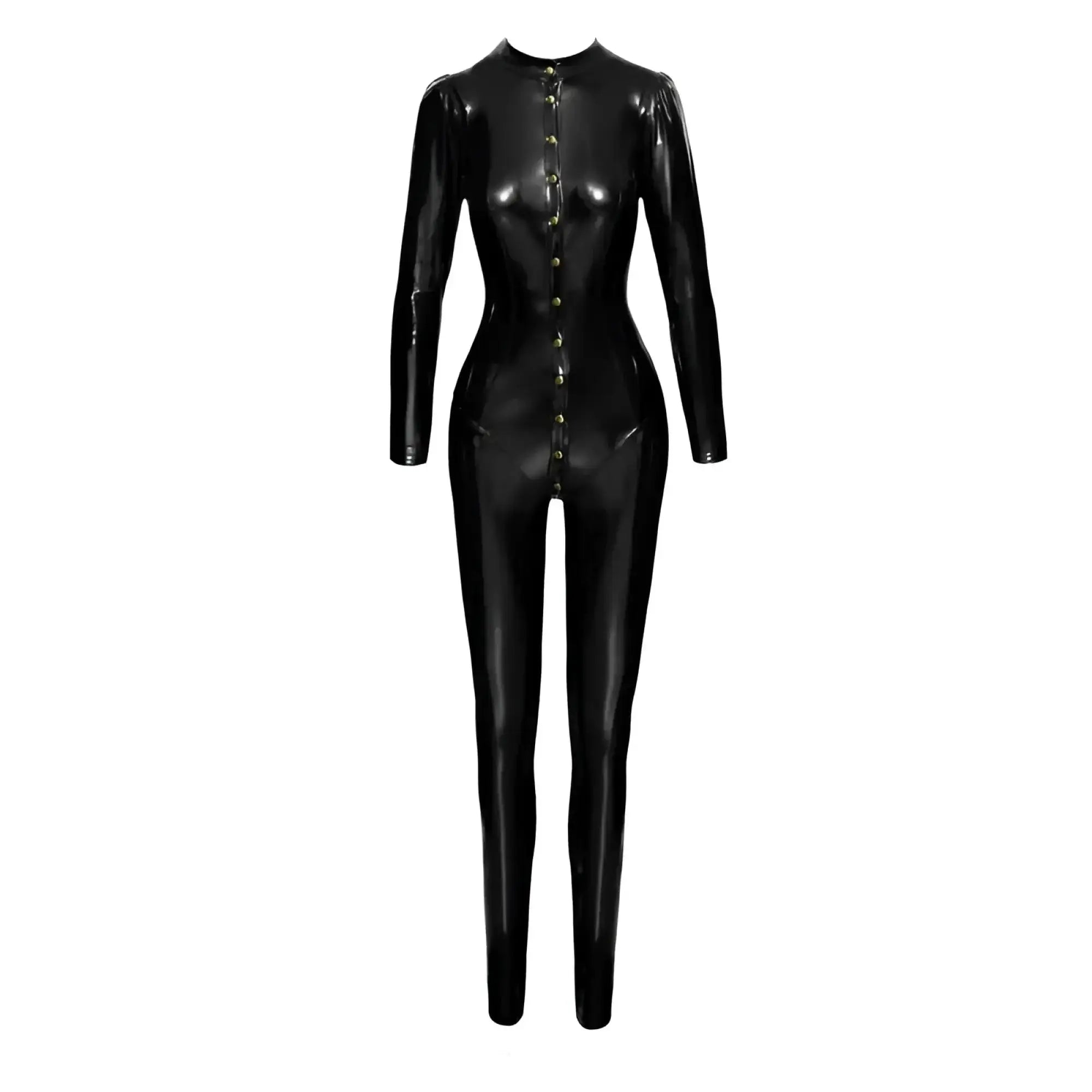 Black glossy latex catsuit with long sleeves and front button closure from noir long button up pvc overall l collection