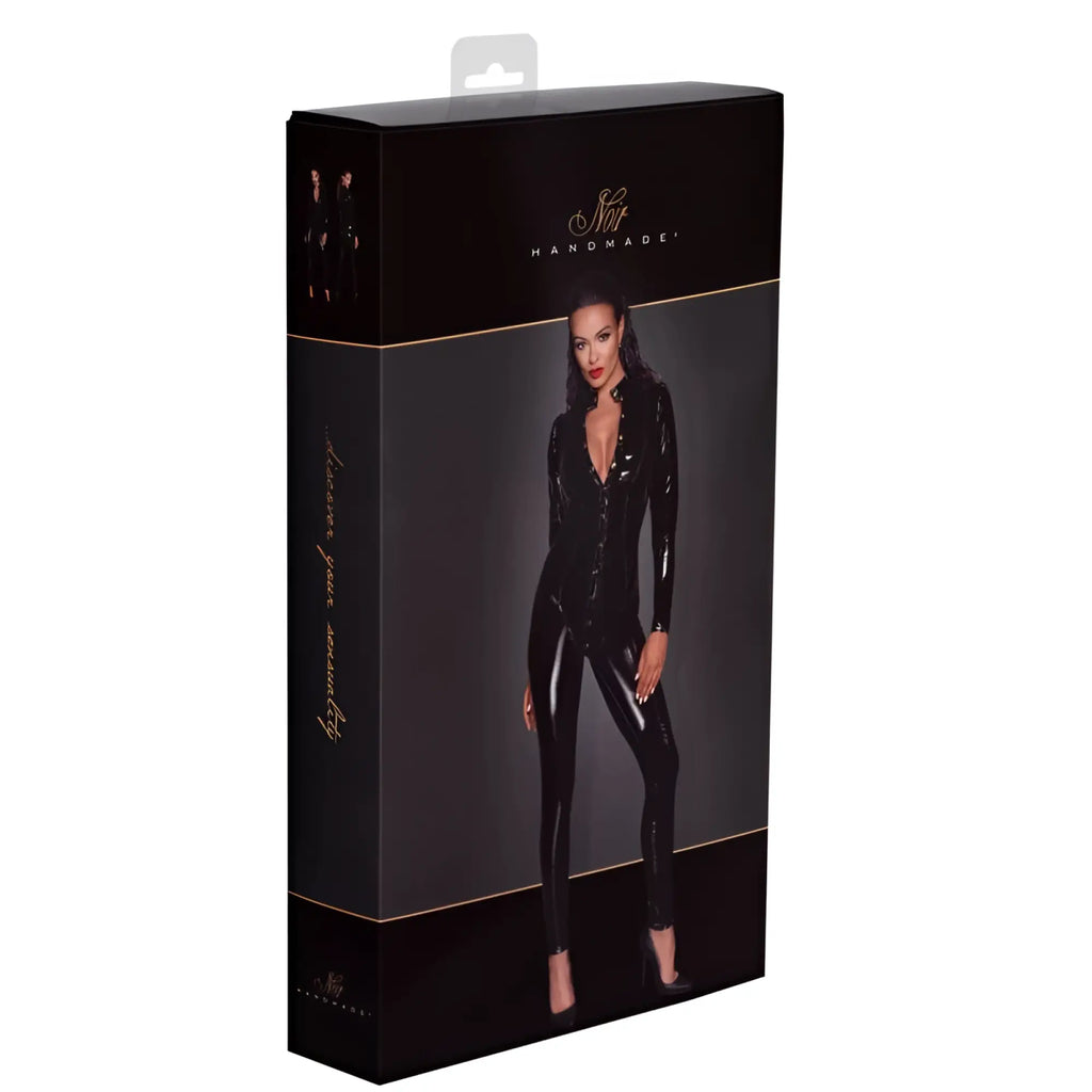 Black latex catsuit in a sleek form-fitting design from noir long button up pvc overall l collection