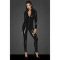 Black patent leather catsuit with front zipper and button closure in pvc overall style noir long button up l