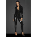 Black patent leather catsuit with front zipper and button closure in pvc overall style noir long button up l