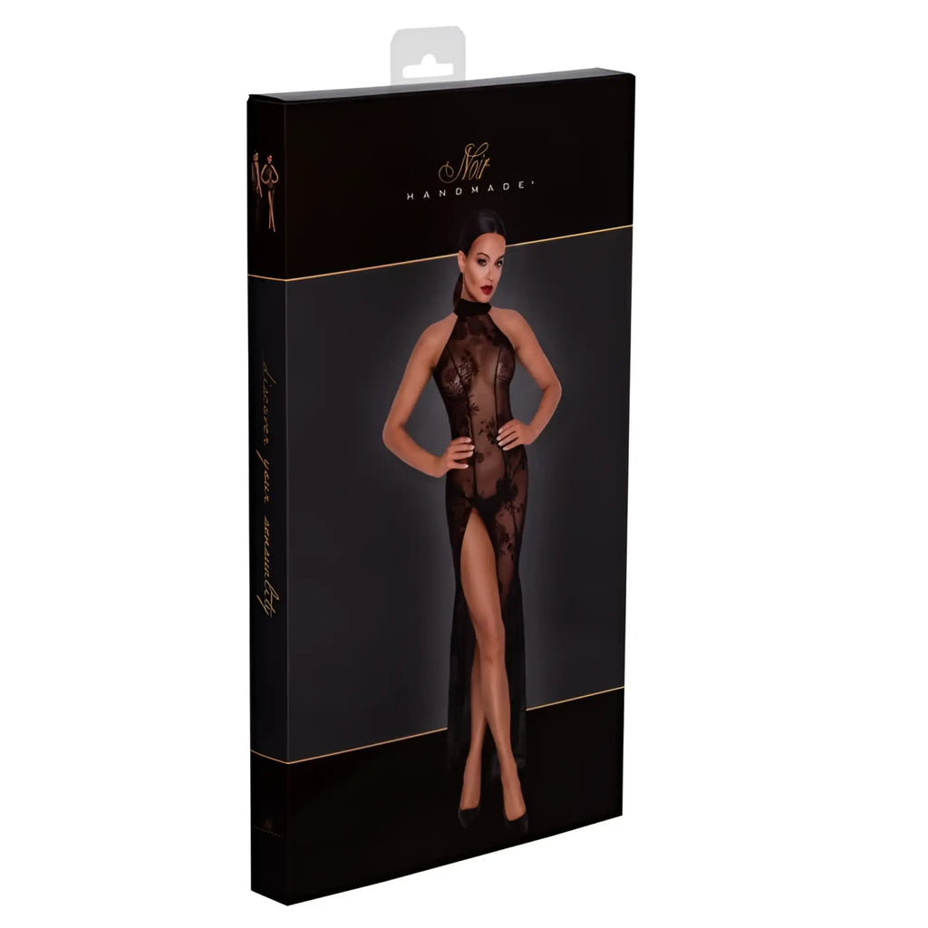 Black lace bodysuit with high neckline and thigh-high slit on packaging for noir long tulle dress l product