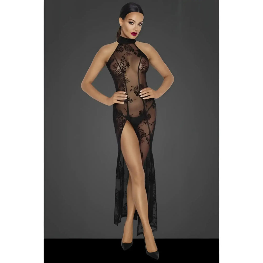 Black lace high-necked sheer nightgown with floral pattern and thigh-high slit made of tulle for elegant evening wear
