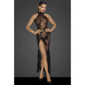 Black lace high-necked sheer nightgown with floral pattern and thigh-high slit made of tulle for elegant evening wear