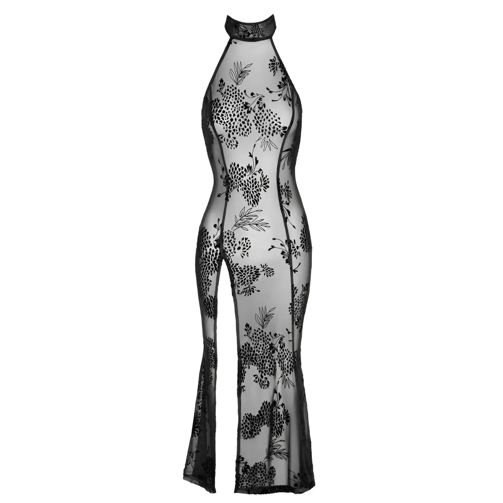 Black floral lace high-neck jumpsuit with sheer mesh overlay from the noir long tulle dress m collection