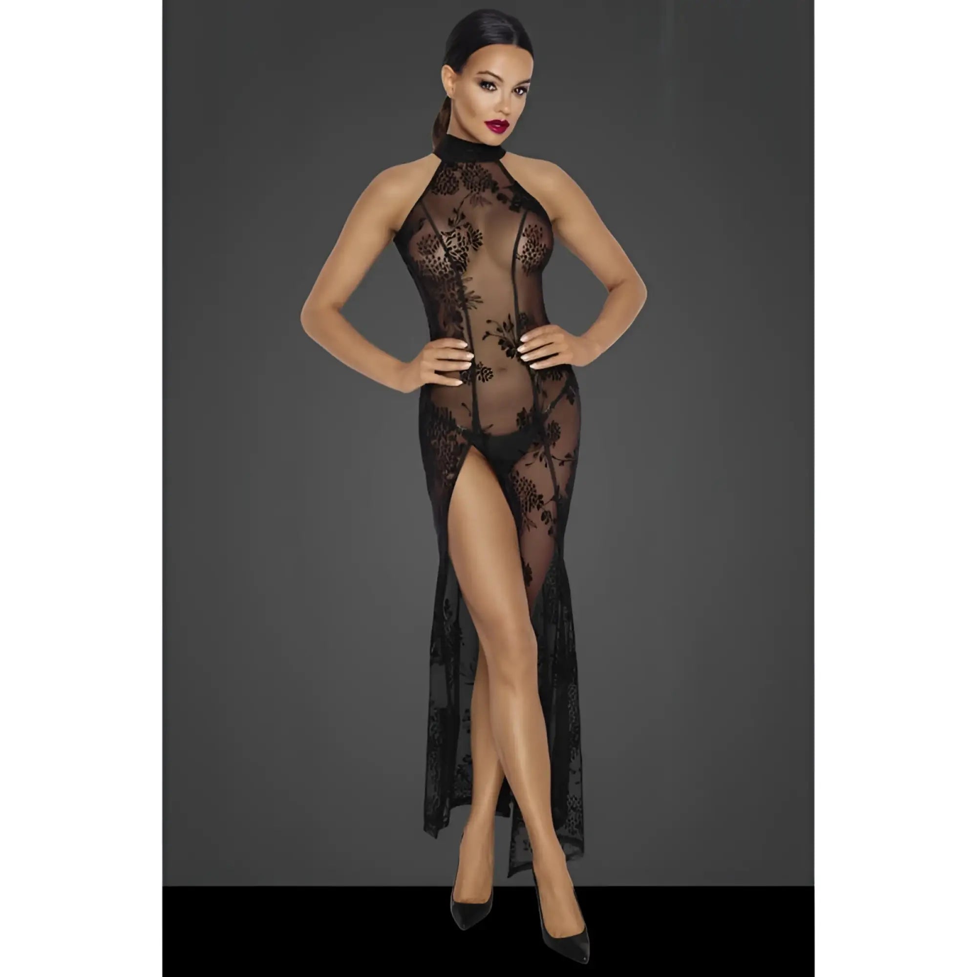 Black lace high-necked sheer nightgown with floral pattern and thigh-high slit made of tulle for elegant evening wear
