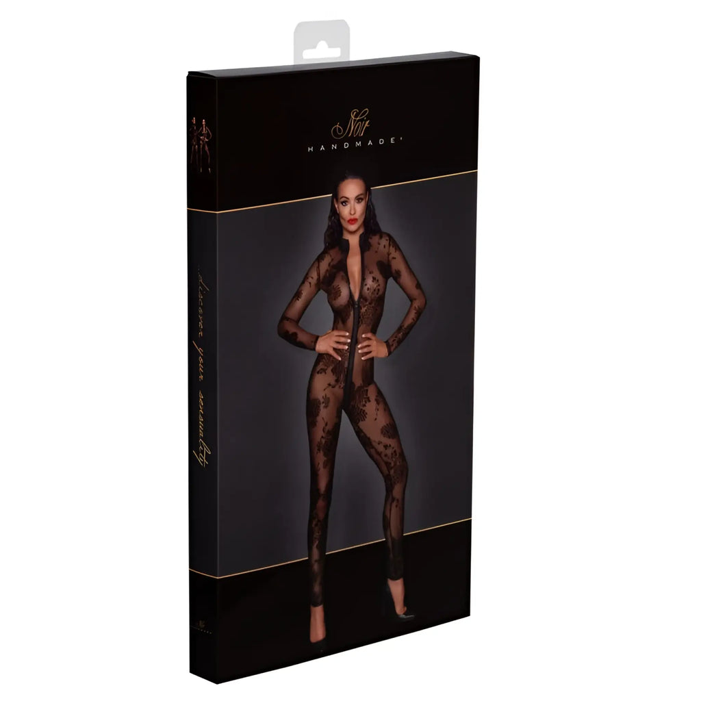 Black lace bodysuit noir long tulle overall with 3 way zipper in sheer floral pattern and form-fitting design