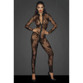 Black floral lace bodysuit with full-length front zipper in noir long tulle overall with 3 way zipper design