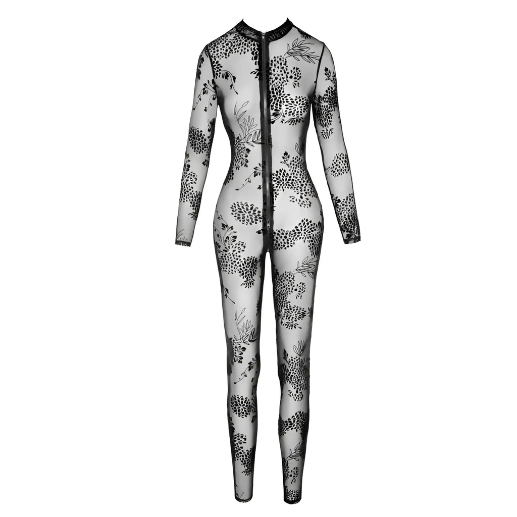 Black floral-patterned sheer tulle bodysuit with long sleeves and full-length 3 way zipper front view