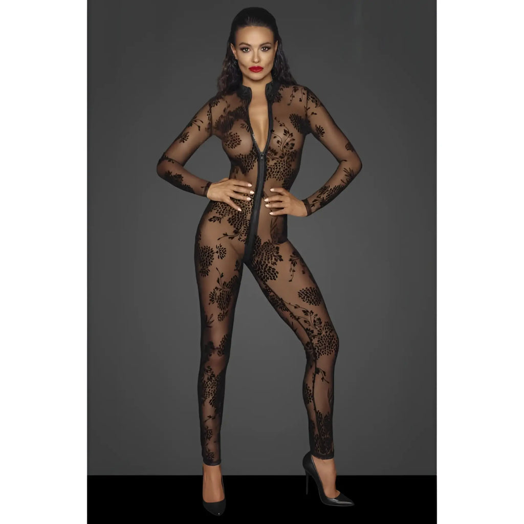 Black floral lace bodysuit with full-length front zipper in the noir long tulle overall w 3 way zipper s style