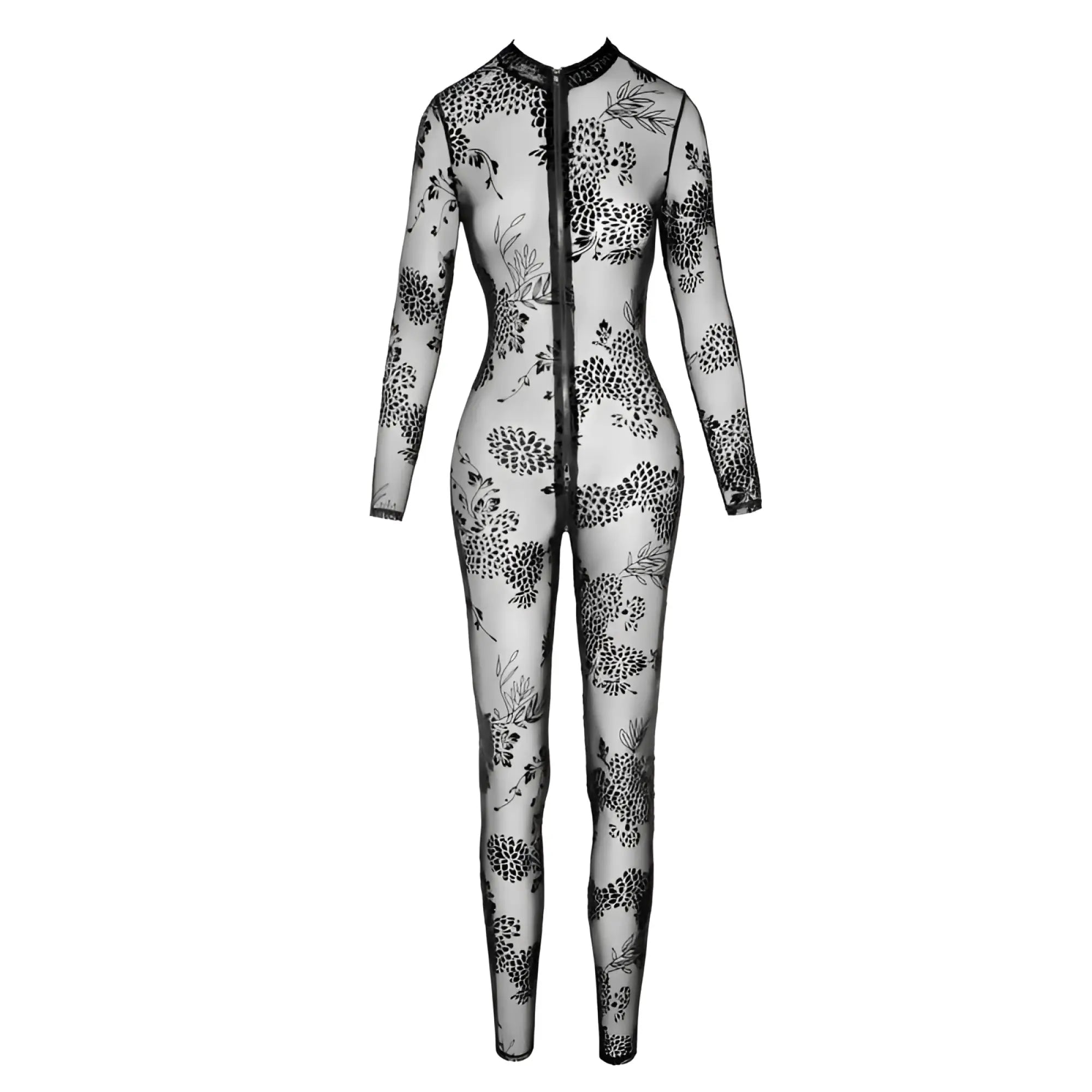 Black floral-patterned sheer tulle bodysuit with long sleeves and full-length zipper noir long tulle overall w 3 way zipper s