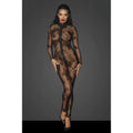 Noir long tulle overall black sheer lace bodysuit with floral pattern and central 3 way zipper detail