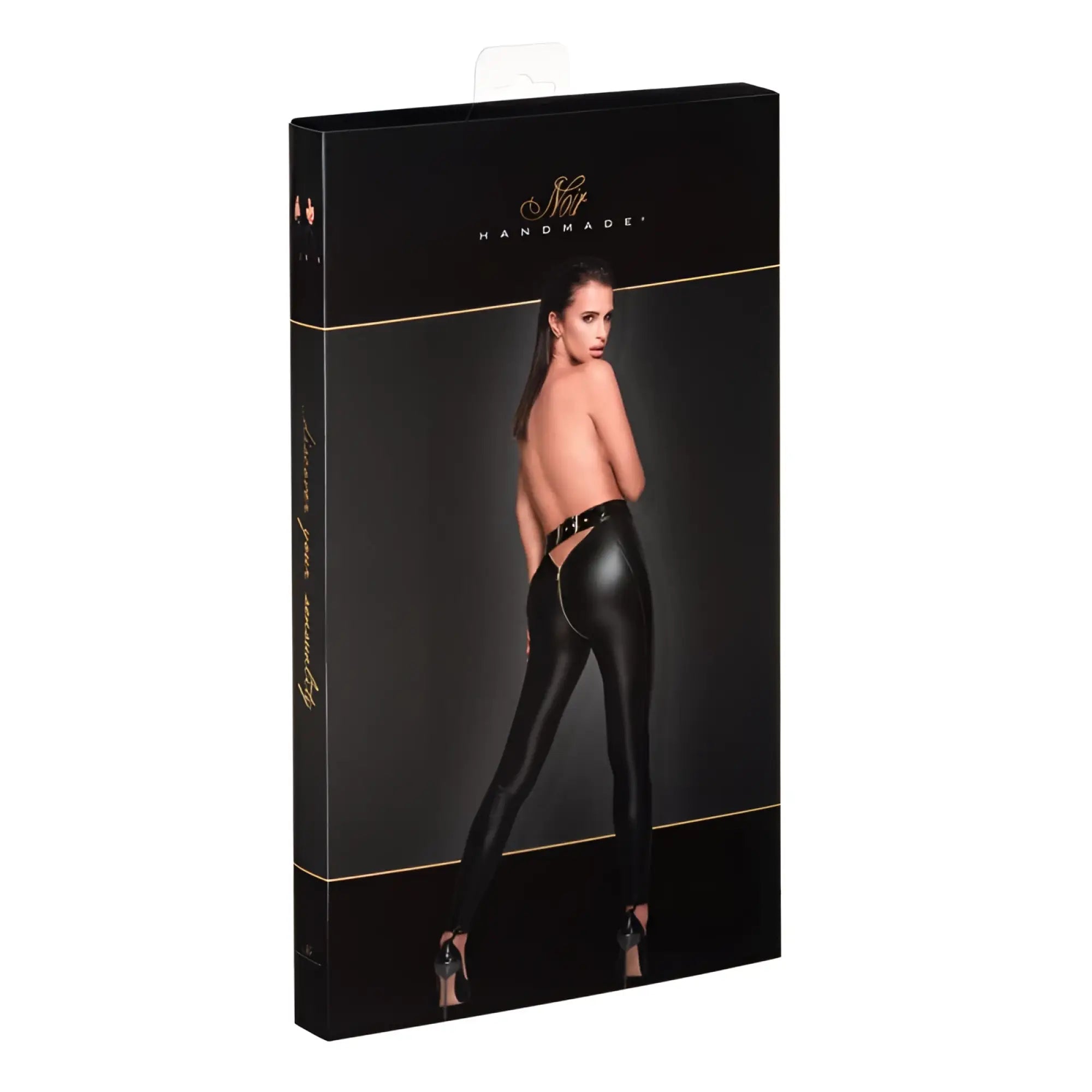 Black glossy faux leather high waisted leggings with back zipper detail shown from the back side