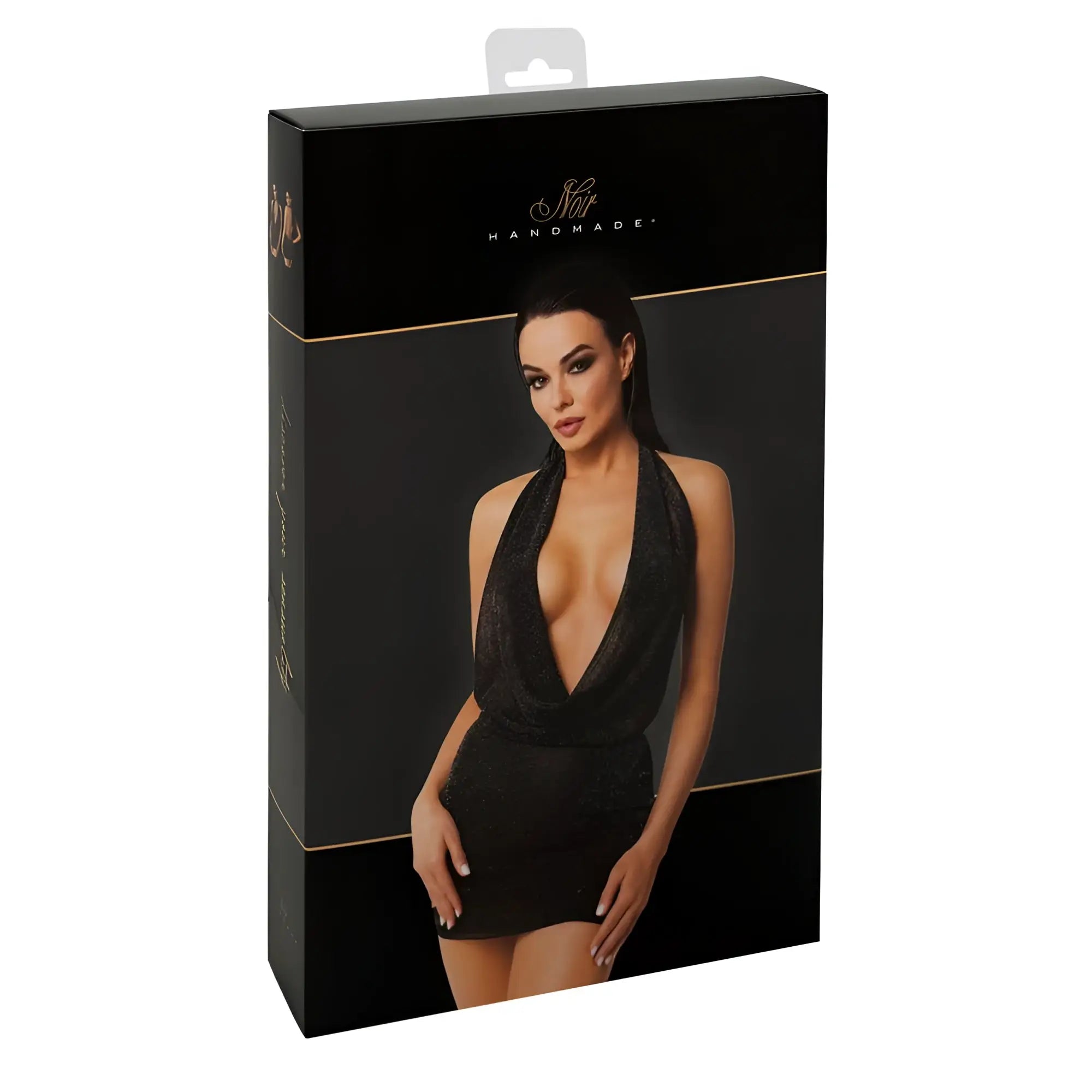 Black satin noir luminara mini dress with deep plunging neckline and sequined detailing in halter neck style