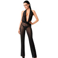 Black sheer lace halter jumpsuit noir luminara overall s with deep plunging neckline and sparkling glitter detailing