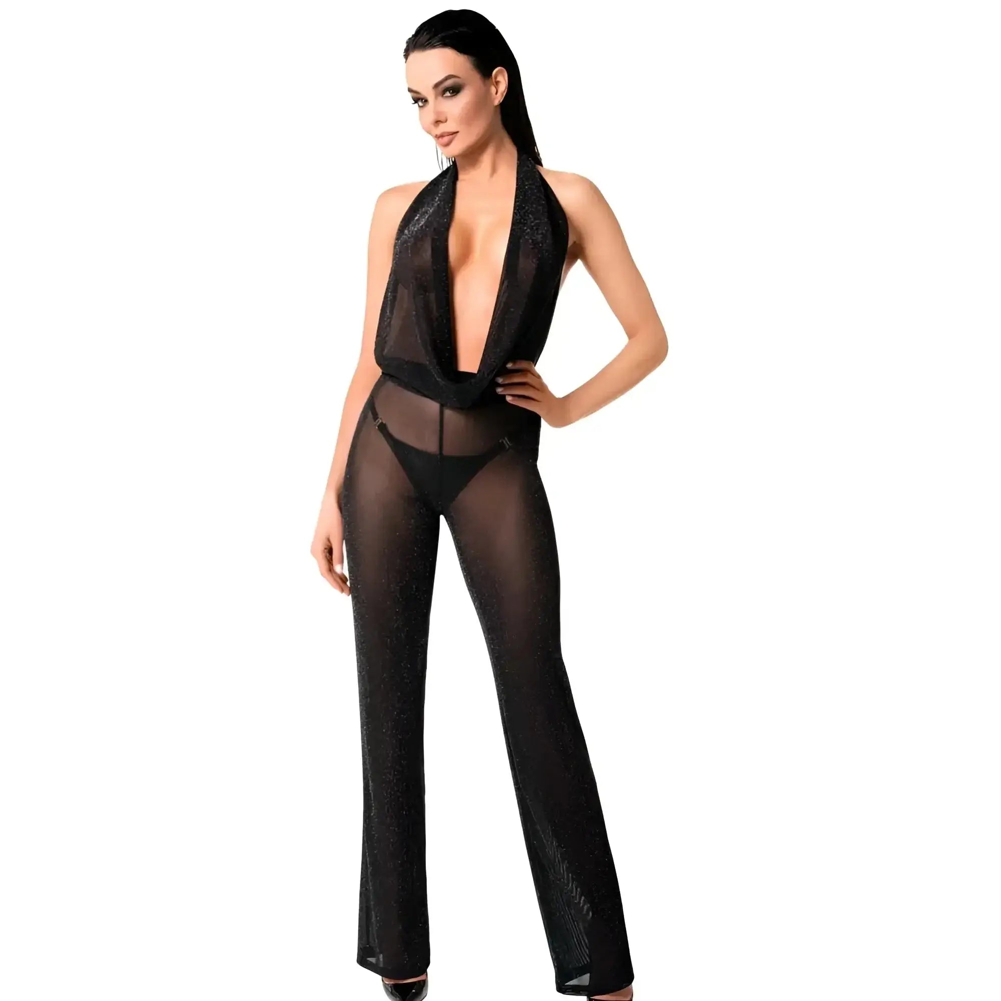 Black sheer lace halter jumpsuit noir luminara overall s with deep plunging neckline and sparkling glitter detailing