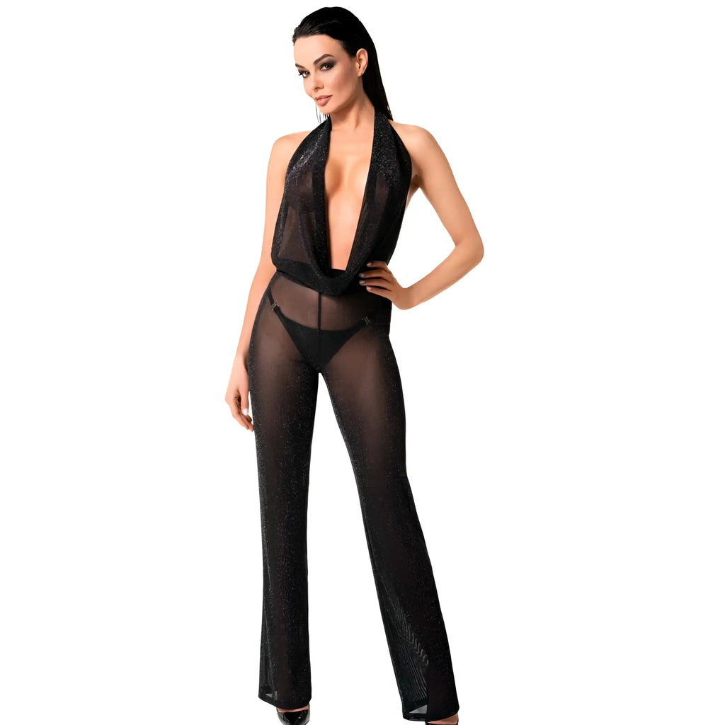 Black sheer lace halter jumpsuit noir luminara overall s with deep plunging neckline and sparkling glitter detailing