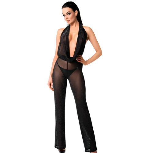 Black sheer lace halter jumpsuit noir luminara overall s with deep plunging neckline and sparkling glitter detailing