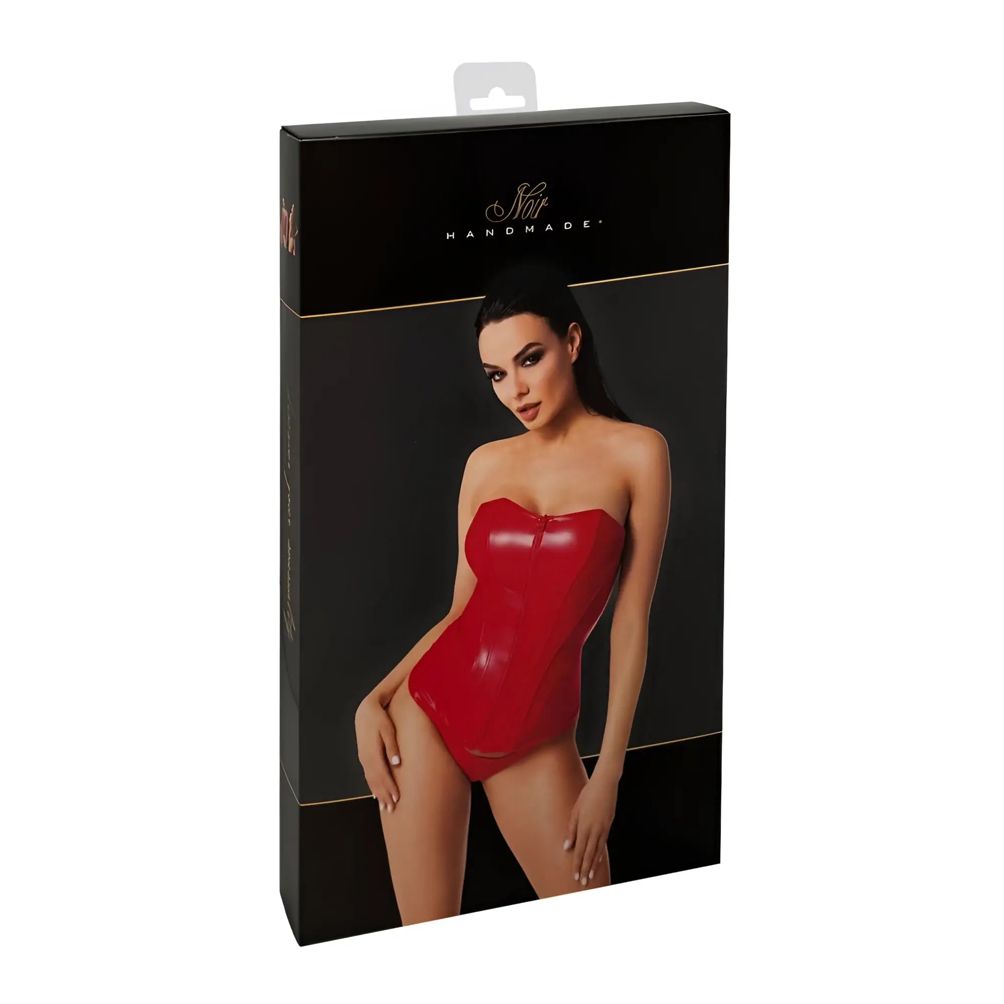 Noir Mysteria corset red L glossy latex with sweetheart neckline and front zipper on black packaging