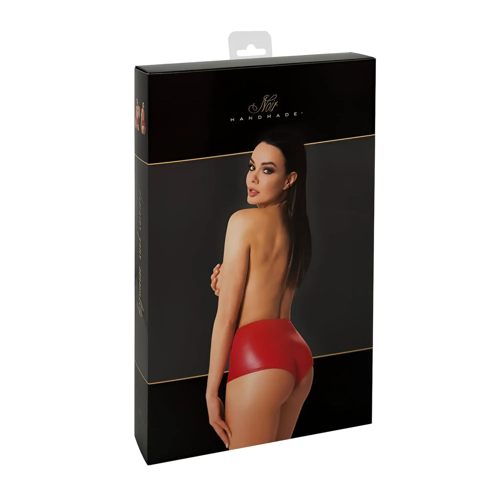 Noir mysteria shorts red l glossy red latex briefs displayed in black branded packaging box