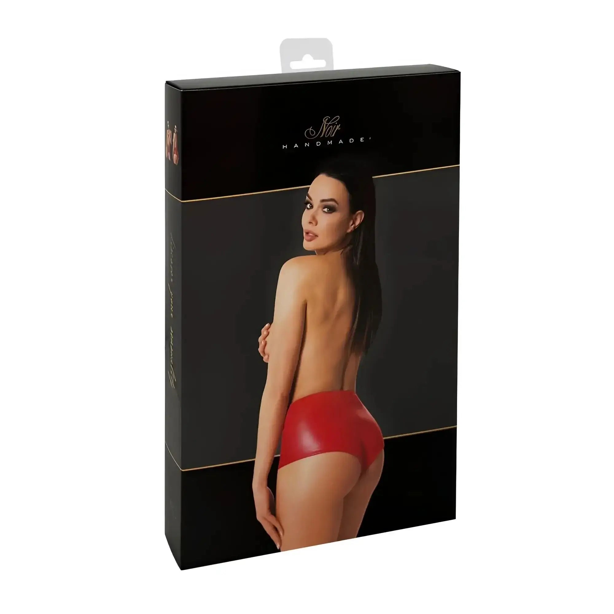 Noir mysteria shorts red s glossy red latex briefs displayed in black branded packaging box