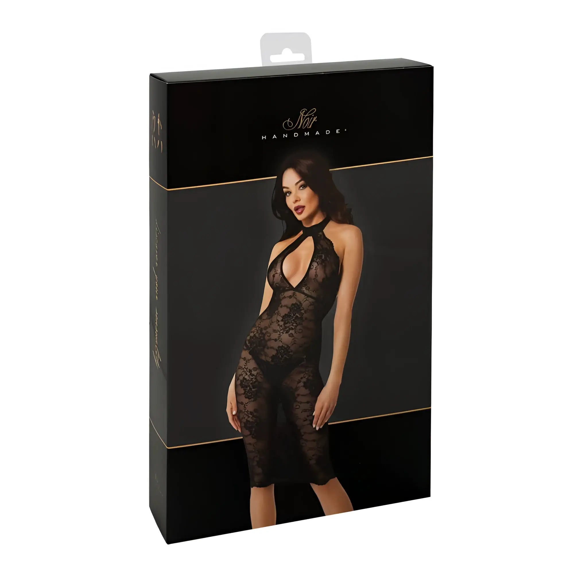 Black lace bodysuit with halter neckline and intricate floral patterns featured in noir nocturne lace midi dress m