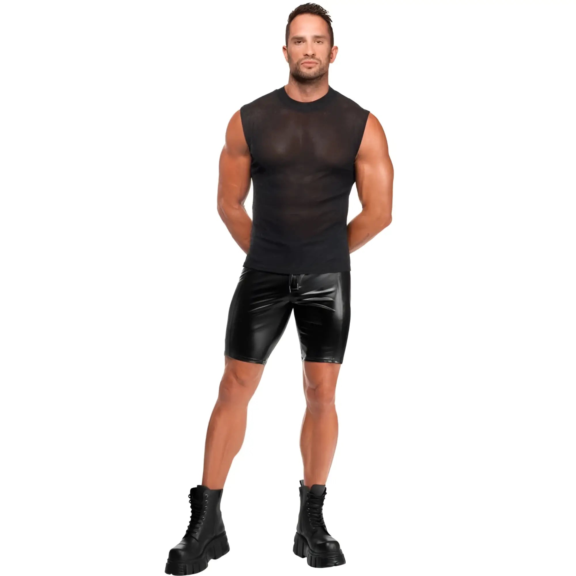 Black glossy faux leather bike shorts with sleek form fitting design from noir onyx skin tank l collection