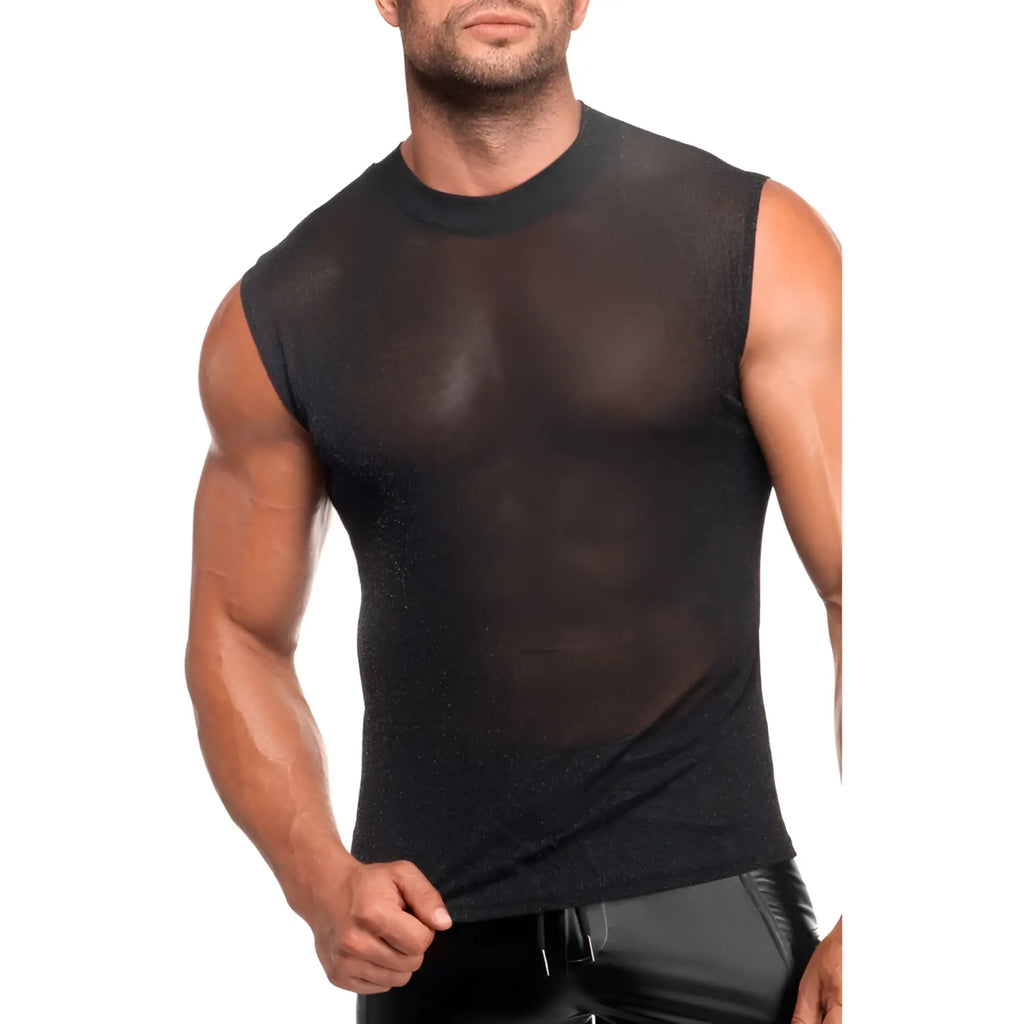 Black sheer sleeveless tank top with subtle glittery texture and round neckline from noir onyx skin tank L collection