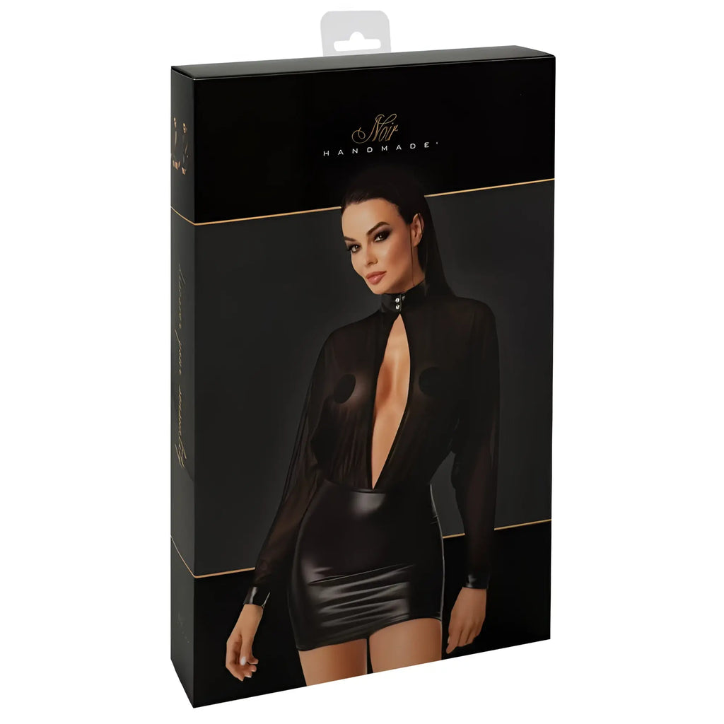 Noir Opium Mini Dress L black sheer long-sleeved bodysuit with glossy faux leather skirt and gold trim accents