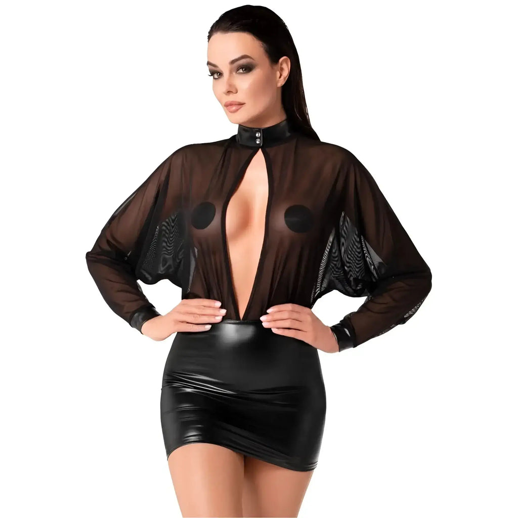 Noir opium mini dress l featuring a black sheer mesh top with bold circular cutouts and a glossy faux leather skirt