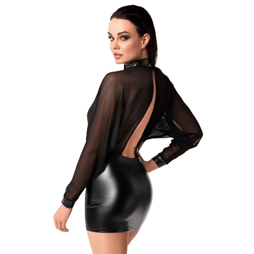 Black sheer long-sleeved top with high neckline and back cutout paired with glossy black mini skirt noir opium mini dress m