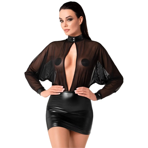 Noir Opium mini dress with black sheer mesh top featuring bold circular cutouts and glossy black faux leather skirt