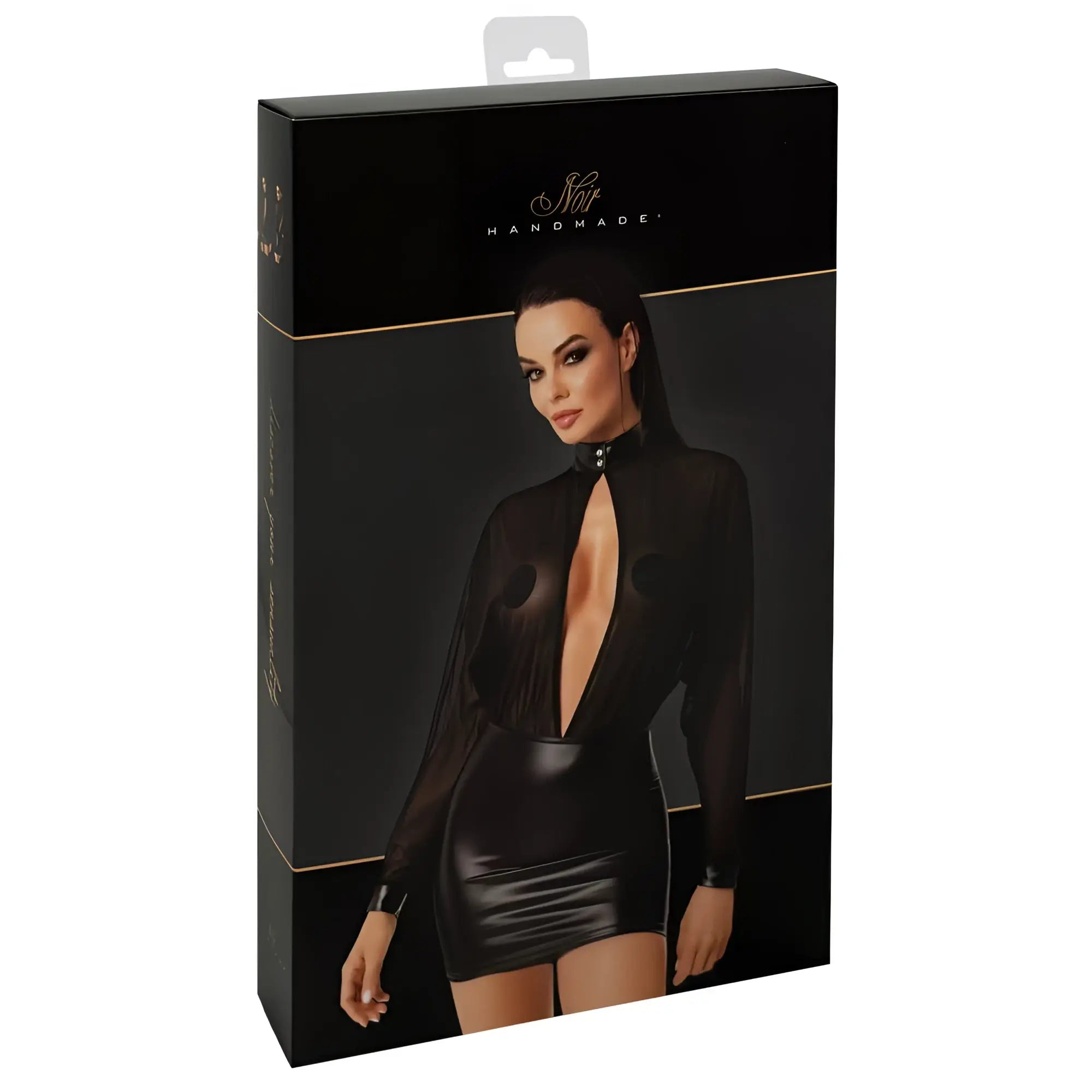 Noir opium mini dress s is a black sheer long sleeved bodysuit with glossy faux leather skirt and gold trim accents
