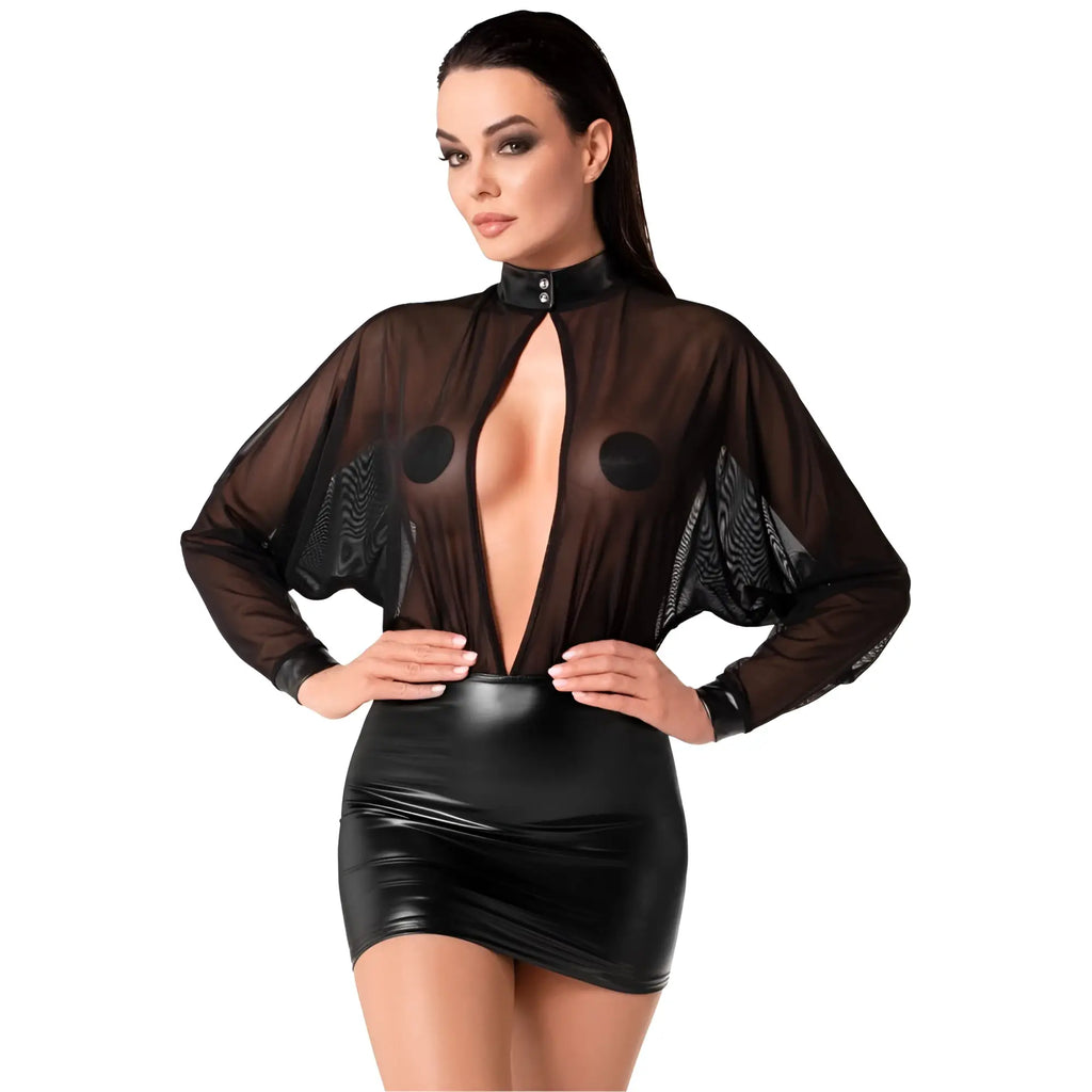 Noir Opium mini dress sheer black mesh top with bold circular cutouts and glossy faux leather mini skirt