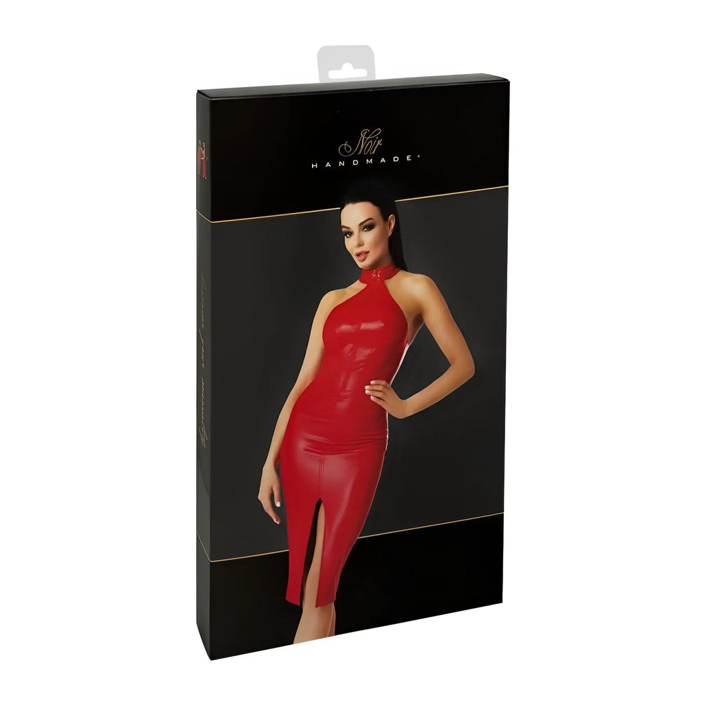 Red latex noir orgia midi dress with high halter neckline and thigh-high slit in size medium