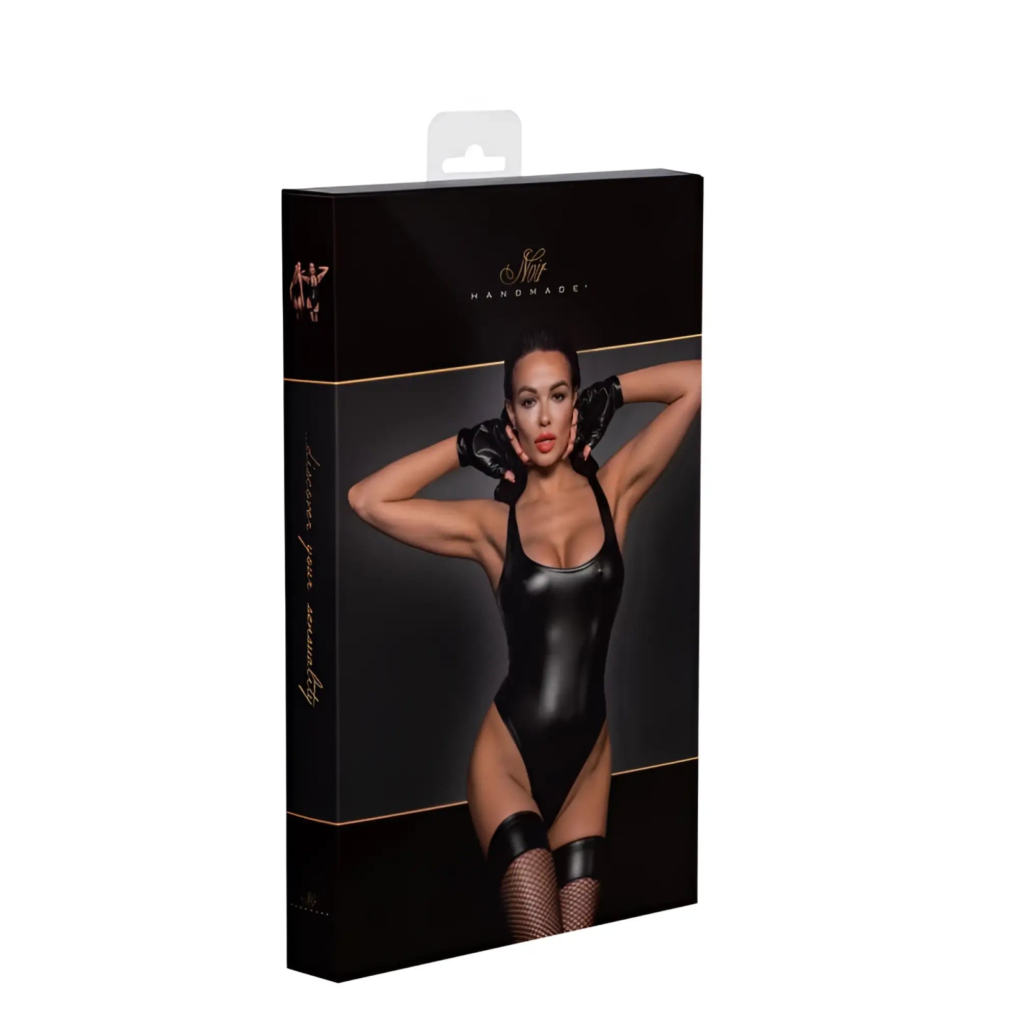 Black latex wetlook bodysuit with matching gloves and thigh-high stockings showing the back side