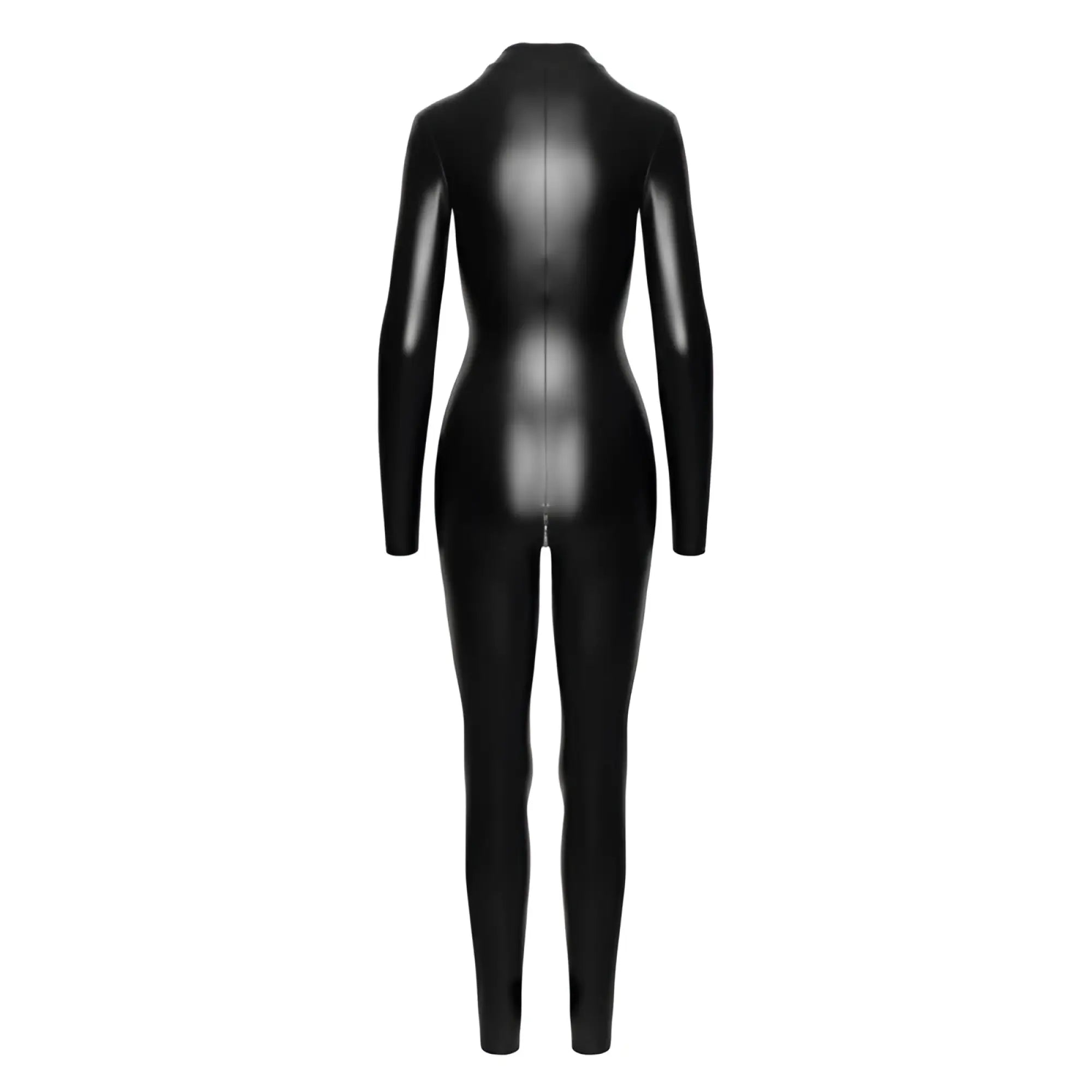Black glossy latex Noir Power wetlook catsuit with high collar and full-length front zipper shown from the back