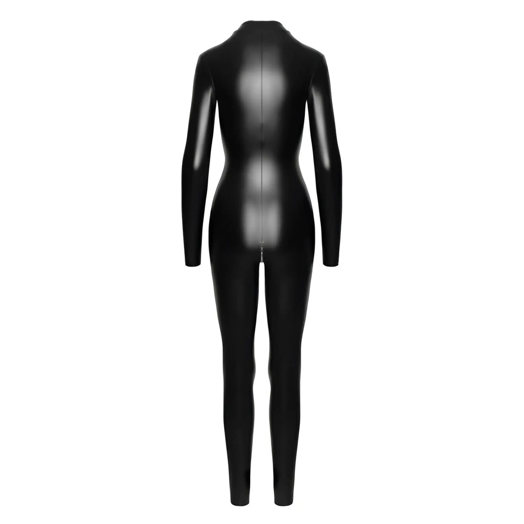 Black glossy latex catsuit with high collar and full-length back zipper shown from the back side